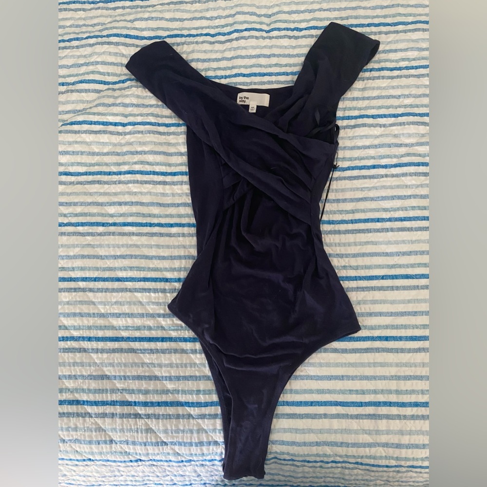 By The Way criss cross bodysuit. Navy blue, NWT, XXS